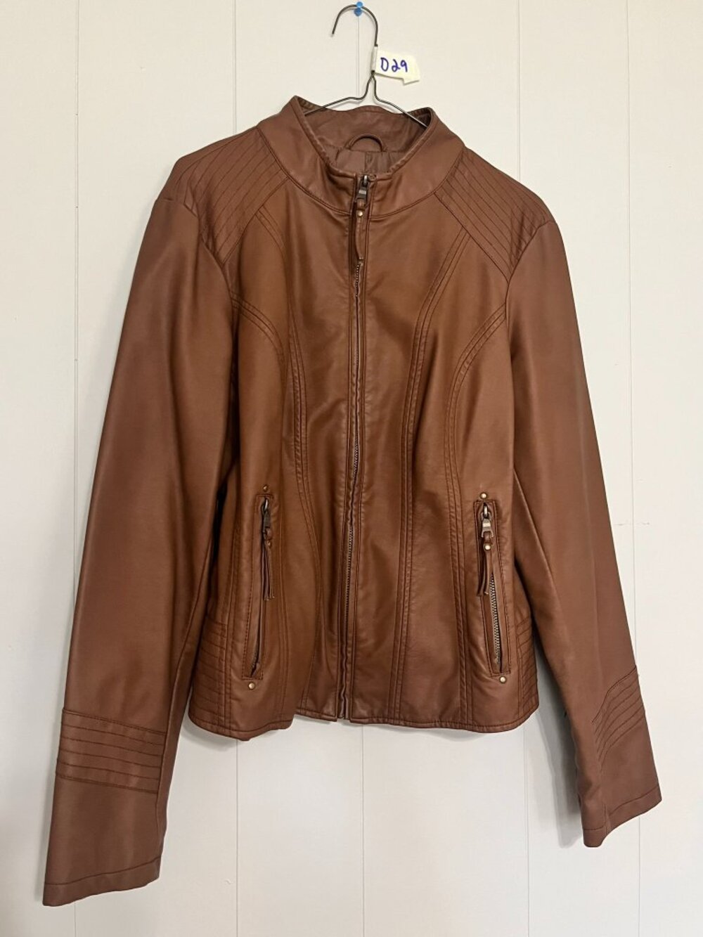 Kaari Blue Brown Faux Leather Zip Front Jacket Size Large